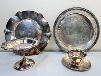 2 Antique Silver Plate Serving Platters, 1 Pedestal Dish, 1 Sauce Dish.