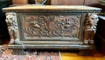 Antique Lion Claw Foot Walnut Trunk Bench