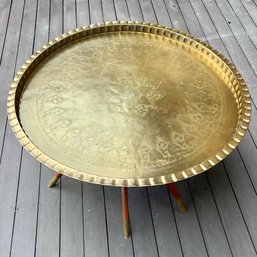 1960s Vintage Moroccan Style Brass Tray Top Table With Wood Base