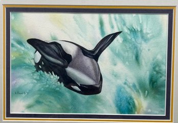 Original Susan LeBow Signed And Framed Watercolor Of Breaching Orca.
