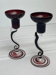 VTG Set Of 2 Art Glass Hand Blown Candle Holders-local Pickup