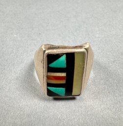 Silver Ring With Onyx And Turquoise Inlaid Stones