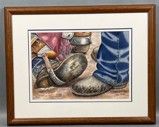 Original Susan LeBow Framed And Signed Watercolor Of Cowboy Scuffle