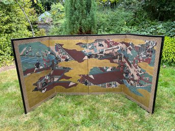 Large Handpainted 4 Panel Japanese Screen