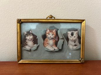 Vintage Print Of 3 Cats In Metal Frame