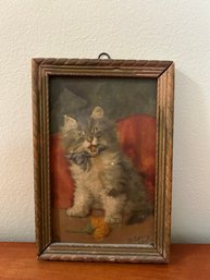Small Framed Vintage D. Merlin Puffy Print - Kitten
