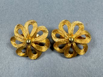 Flower Shaped Gold Tone Clip Earrings