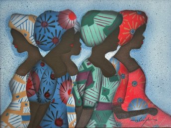 Signed Jamaican 5 Women Painting On Canvas Framed