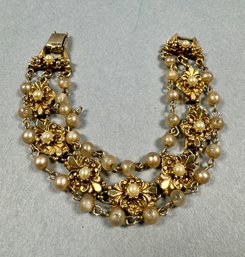 Pearl And Gold Tone 3 Strand  Bracelet