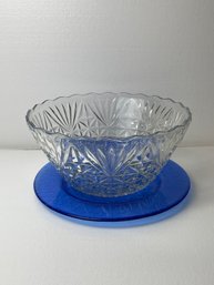 Mismatched Set: Vintage Punch Bowl And Large Blue Glass Platter