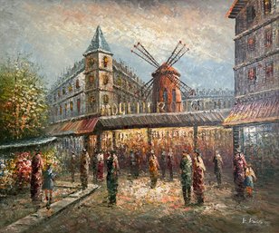 Signed Paris Scene Moulin Rouge Theatre Painting On Canvas Framed