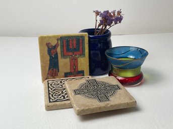 Mismatched Lot: Heavy Stone Coasters, Small Blue Crock And Painted Glass Vase