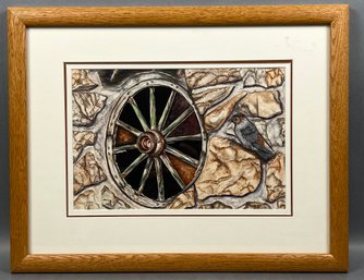 Original Susan LeBow Framed And Signed Watercolor Of Wagon Wheel And Bird.