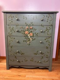 Toile Painted Green 5 Drawer Tall Dresser