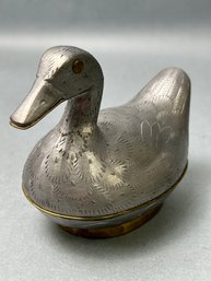 Vintage Small Pewter Duck Trinket Box Made In Hong Kong