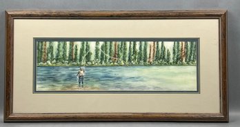 Original Susan LeBow Framed And Signed Watercolor Of A Man Fly Fishing.