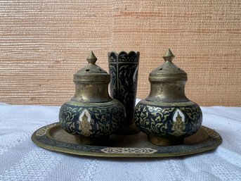 Vintage Brass Asian Salt & Pepper Shakers With Tray And Toothpick Holder. *LOCAL PICKUP ONLY - NO SHIPPING*