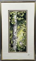 Original Susan LeBow Framed And Signed Watercolor Of Mountain Chickadees.
