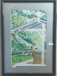 Backyard Watercolor Scene With Framed W/gray Mat