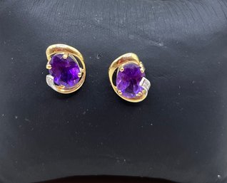 14K Gold And Amethyst Pierced Earrings