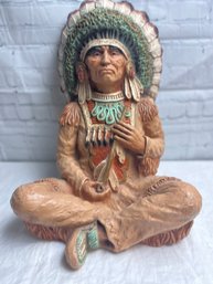 Sitting Native Indian Statue With Pipe, Universal Statuary Corp Chicago 1973, Signed Vaughn Kendrick