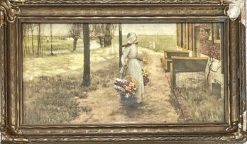 Vintage Framed Watercolor Print Of A Provincial Flower Seller Abeor Hitchcock 1987 *Local Pick-Up Only*