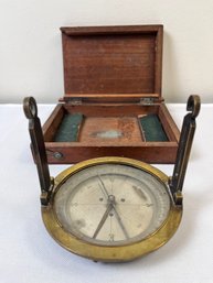 Antique Brass Compass With Wood Box. Box Is Missing 1 Hook 1 Side Panel From Cover, Cover Separated From Hinge