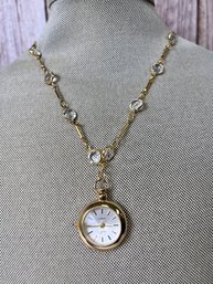 Gold Tone And Stone Necklace With Watch Attached.