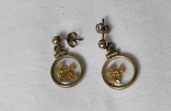 Gold Tone Pin Back Earrings With Gold Nuggets Inside Glass.