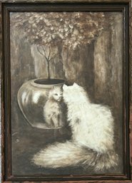 Vintage Framed Black And White Watercolor Of A Cat Admiring Its Reflection *Local Pick-Up Only*