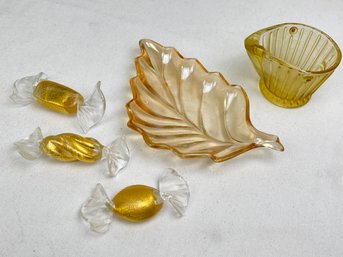 Lot, Glass Candy, Leaf Tray & Small Glass Piece