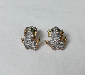 Little Frog With Green Eyes Pin Back Earrings.