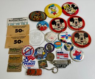 Lot Of Vintage Pins, Receipts, Belt Buckle And Misc.