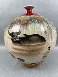 Large Vintage Chinese Porcelain Vase With Buffalo And Farmers.