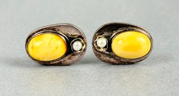 Sterling Amber And Pearl Vintage Cufflinks