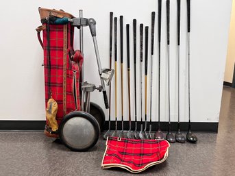 Back To The 60s Rolling, Scottish Plaid Golf Club Bag Loaded With Vintage Clubs. .