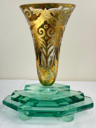 Hand Fired 22kt Gilded Gold Glass Vase With Crystal Glass Base Victor M Rodriguez SIGNED