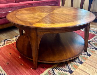 Mission Style Round Wood Coffee Table With Low Shelf