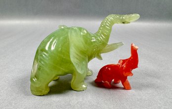 2 Small Glass Elephants -green And Red -damaged