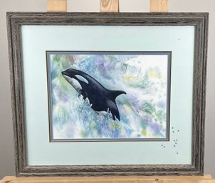 Original Susan LeBow Framed And Signed Watercolor Of An Orca.