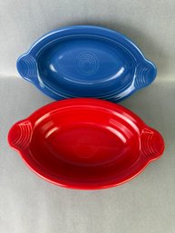 2 Fiesta Ware Small Casserole Dishes - Peacock And Scarlet