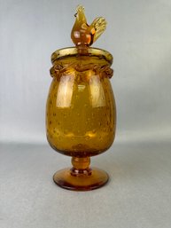 Amber Glass Pedestal Apothecary Jar With Chicken Lid