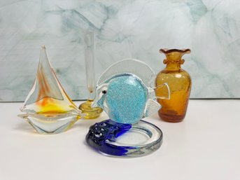 Four Vintage Glass Items Two Vases And A Fish Sculpture