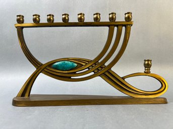 Vintage MCM Made In Israel Brass Menorah With Turquoise Stone