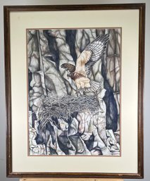 Original Susan LeBow Framed And Signed Watercolor Of A Hawk, Coming In For A Landing