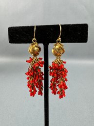 Vintage Goldtone With Red Bead Dangle Earrings