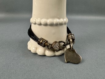 Vintage Silvertone And Leather Heart Bracelet