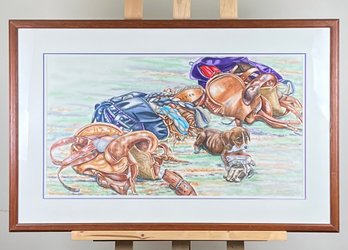 Original Susan LeBow Framed And Signed Watercolor Of A Puppy And Cowboy Stuff.