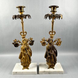 Pair Of Vintage French Provincial Candleholders With Marble Base