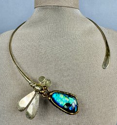 VINTAGE JAMES ROCKWELL ARTIST DESIGNER SIGNED FUSED GLASS NECKLACE MODERNIST DRAGONFLY